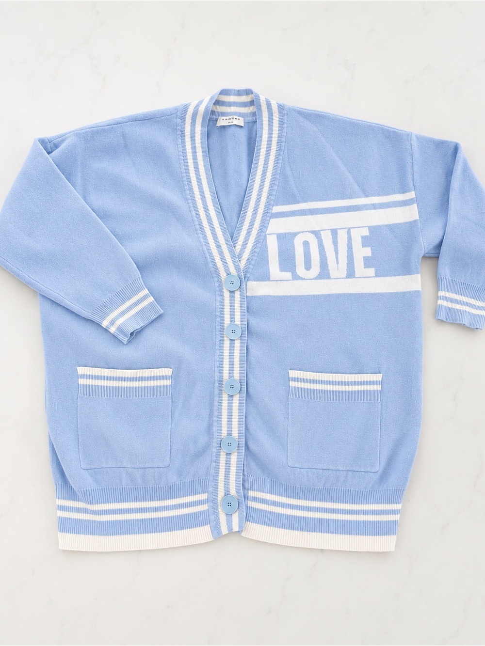 Sandro Paris LOVE Oversized Blue Graphic Cardigan Sweater Size 1 Small
